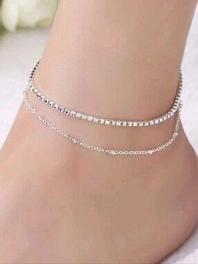 Silver Rhinestone Beaded Chain Tiered Layered Tennis Ankle Bracelet Anklet